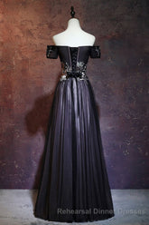 Beauty Off The Shoulder Floor Length Lace Up Long Black Semi Formal Prom Dresses With Appliques